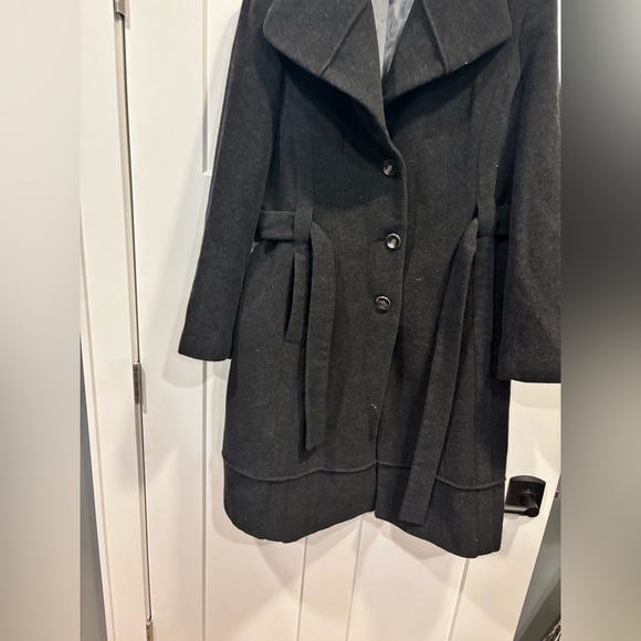 Calvin Klein Wool Blend Pea Trench Coat Size 14 Belted Pockets Lined Black - Picture 4 of 5